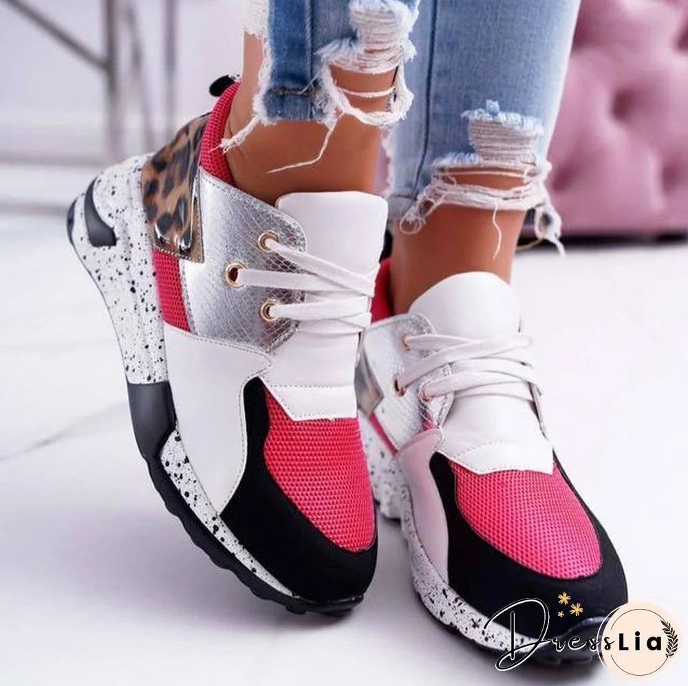 New Women Casual Shoes Breathable Ladies Sneakers Leopard Print Faux Fur Sneakers Lace-up Platform Sports Shoes Women