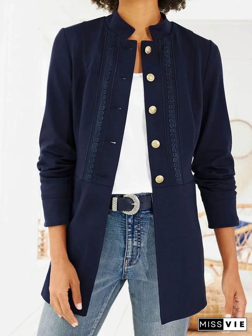 Navy Plain Long Sleeve Outerwear