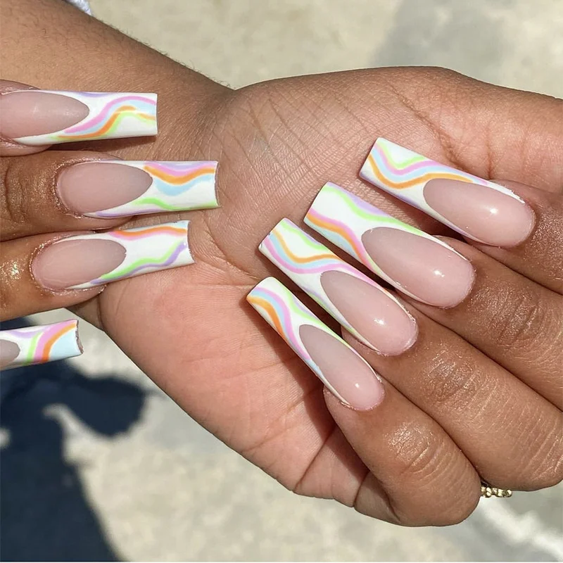 Rainbow Colors Long-length Press On Fake Nails with Jelly Double Sided Nail Adhesives 24 pcs