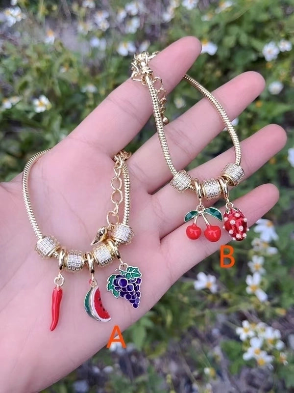 Casual Vacation Minimalist Cherry Grape Watermelon Copper Acrylic Pearl Zircon 18K Gold Plated Polishing Enamel Plating Bracelets