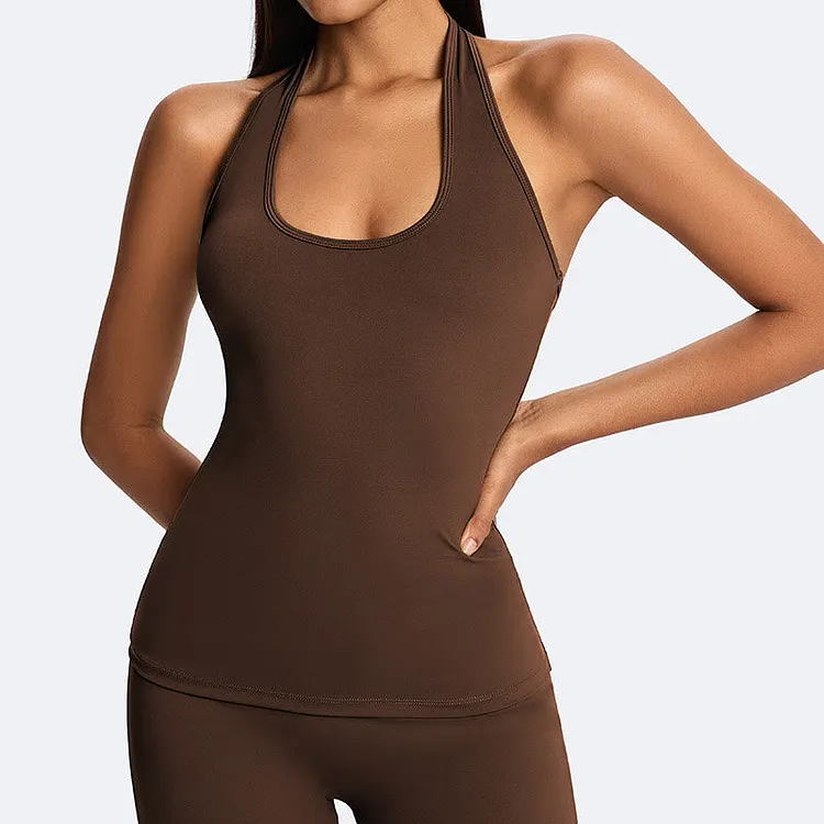 Solid Crop Halter Backless Sleeveless Top Straight Leg Pants For Sports Fitness Yoga