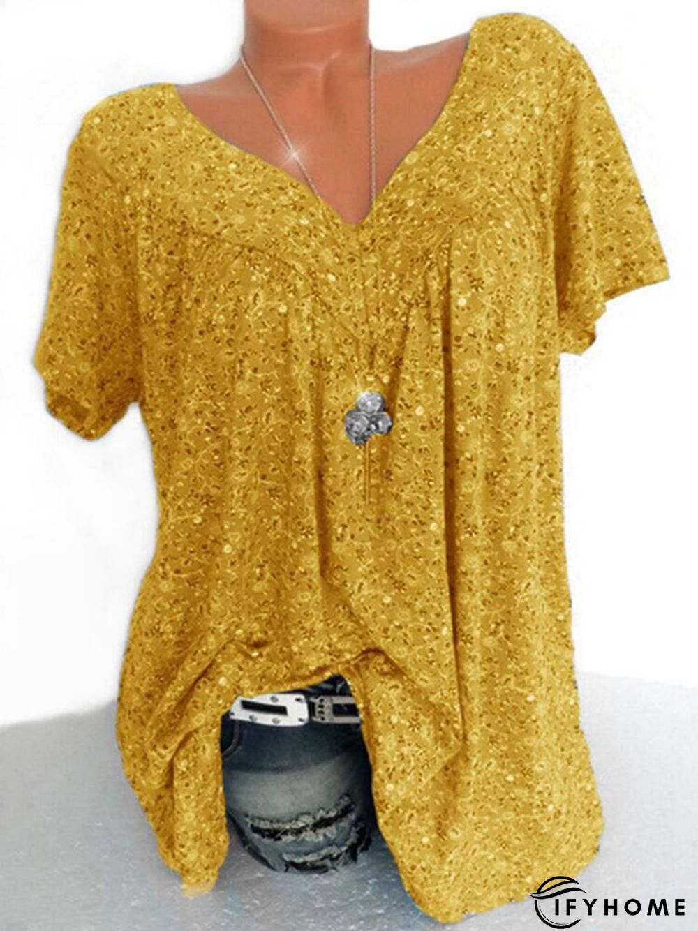 Casual V Neck Floral Short Sleeve Top | IFYHOME