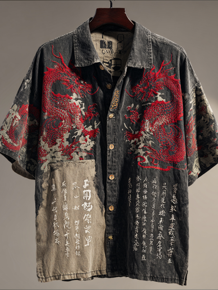 Comstylish Japanese-style Dragon Pattern And Calligraphy Retro Patchwork Washed Short Sleeve Shirt