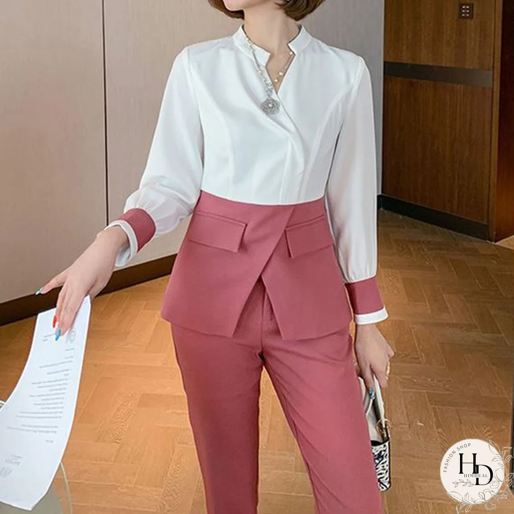 Autumn Suit Women Pants 2 Piece Set Elegant Office Lady Outfits Hit Color Blouse And Pants Fashion Sets
