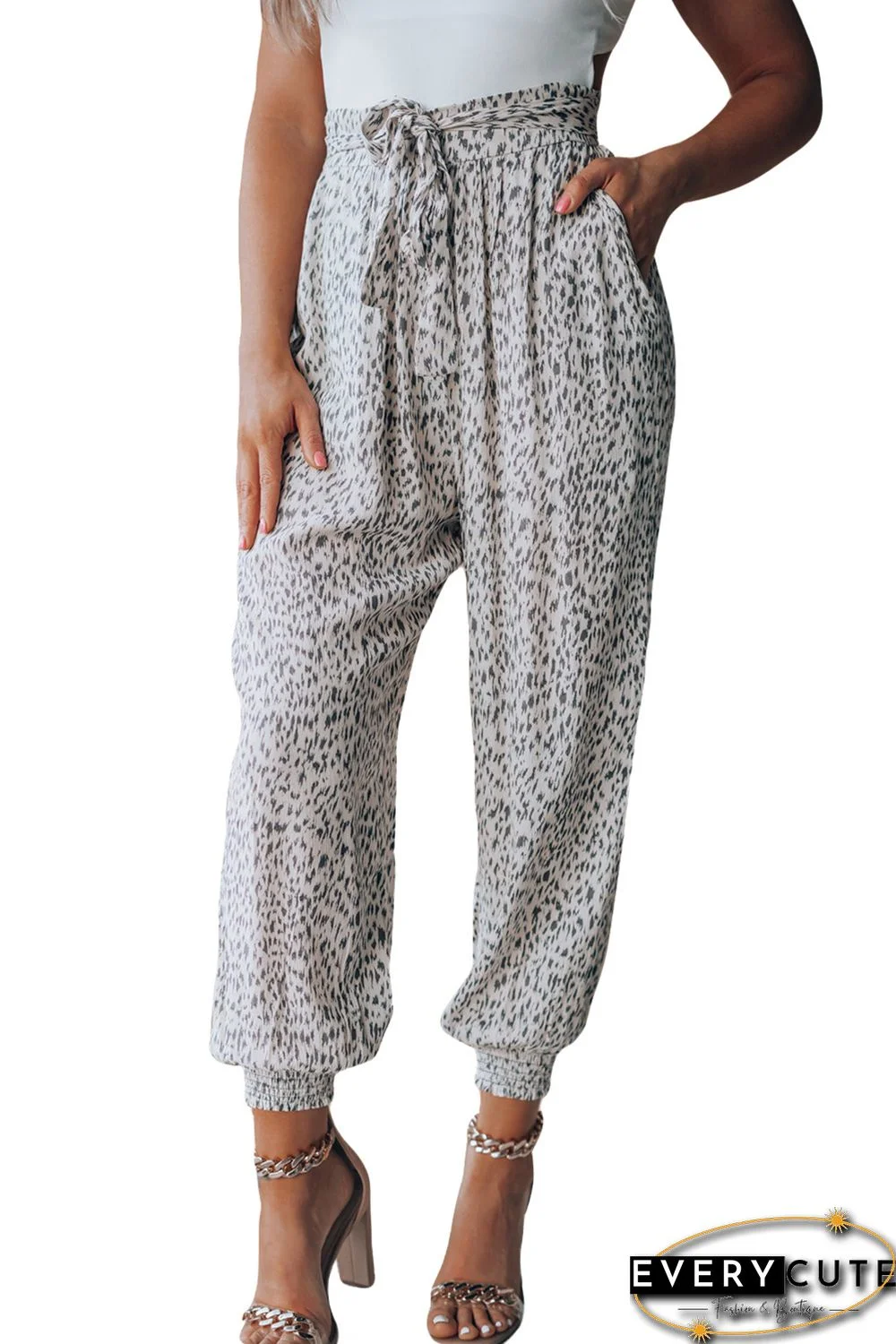 White Smocked Waist Leopard Print Casual Jogger Pants