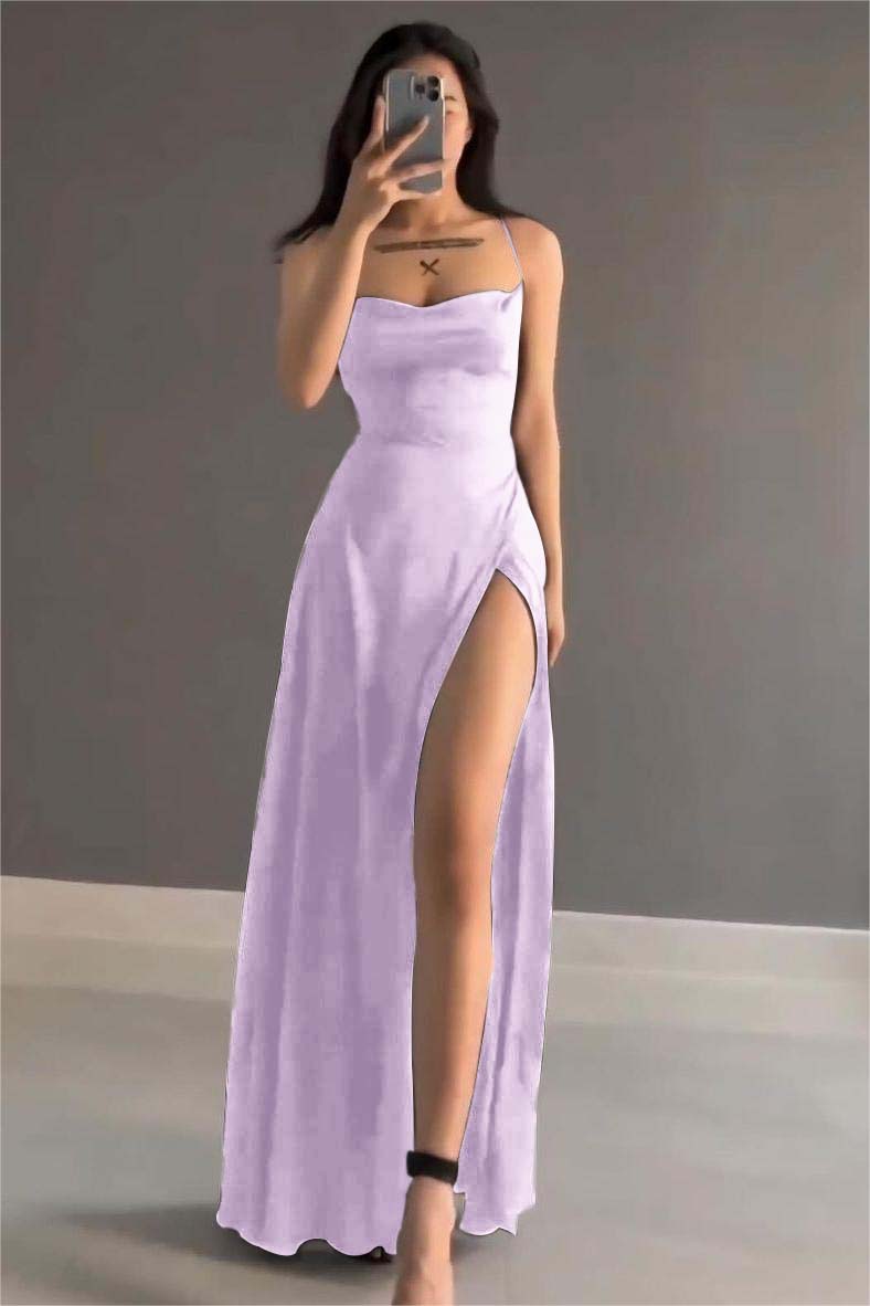 Lvs&Broner Simple Black Stain Spaghetti Strap Sleeveless Long Prom Dress with Split