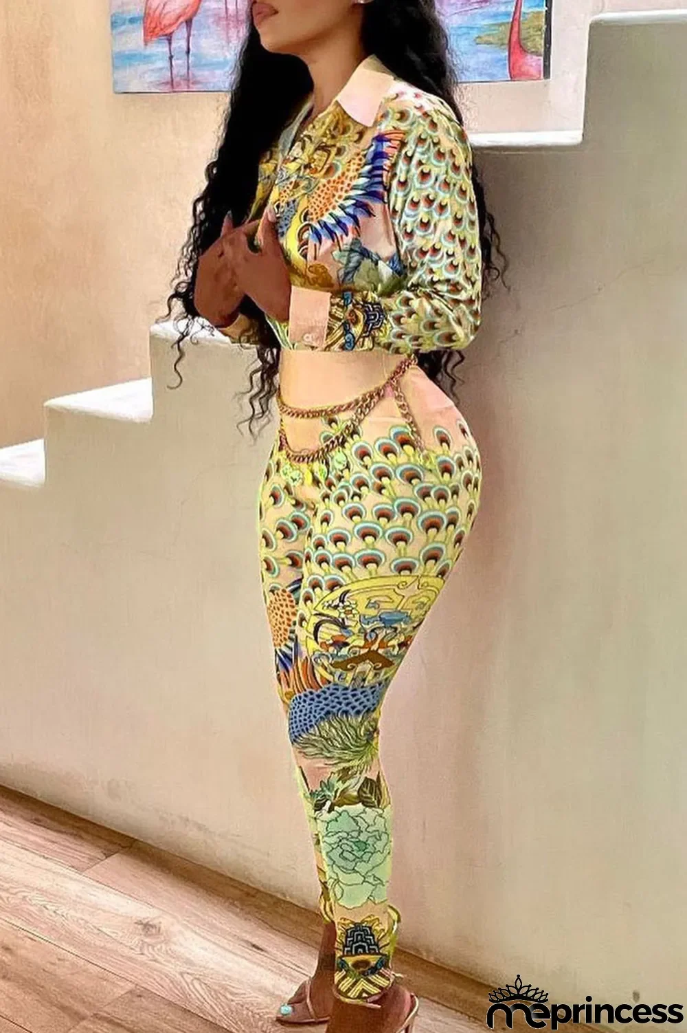 Purple Casual Print Split Joint Buckle Turndown Collar Long Sleeve Two Pieces(Without Belt)