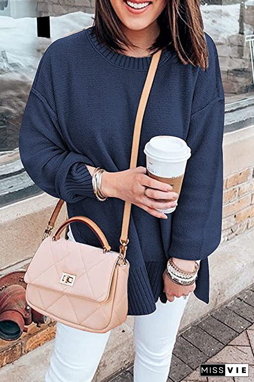 Casual Solid Patchwork Slit O Neck Tops Sweater
