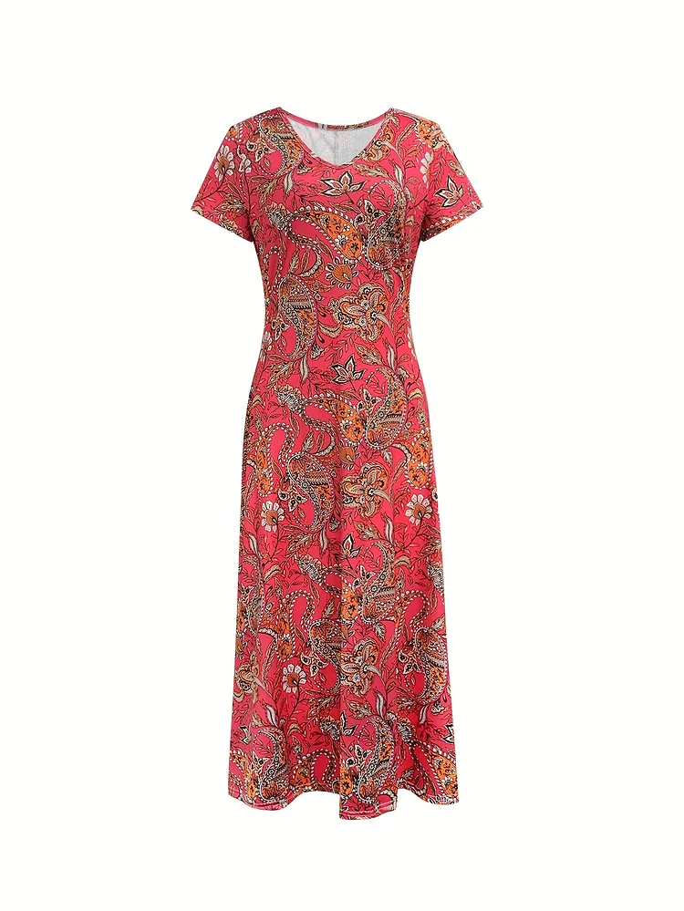 Women's Vacation Paisley Print V-Neck Dress - Lightweight Short Sleeve Machine Washable Summer Dress With Red/White/Orange/Black/Beige Pattern For Beach Outings & Casual Wear, Beach Dresses, Vacation Clothing, Flowy Skirt Style
