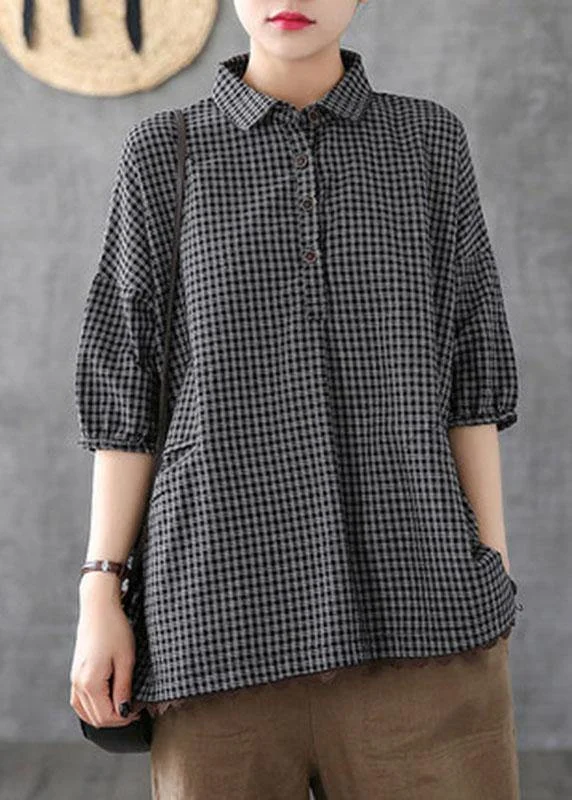 Italian Dark Grey Linen Plaid Summer Patchwork Half Sleeve