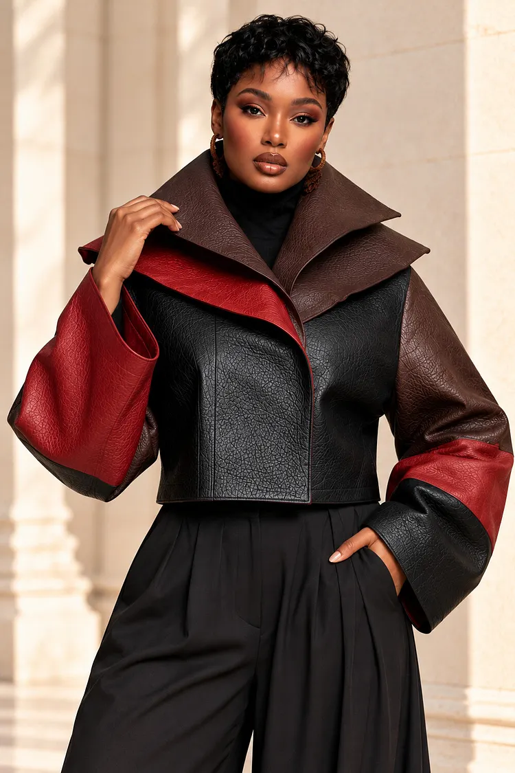 Xpluswear Design Plus Size Business Casual Black Colorblock Turndown Collar Long Sleeve Contrast PU Leather Jacket [Pre-Order] 2024 - Xpluswear
