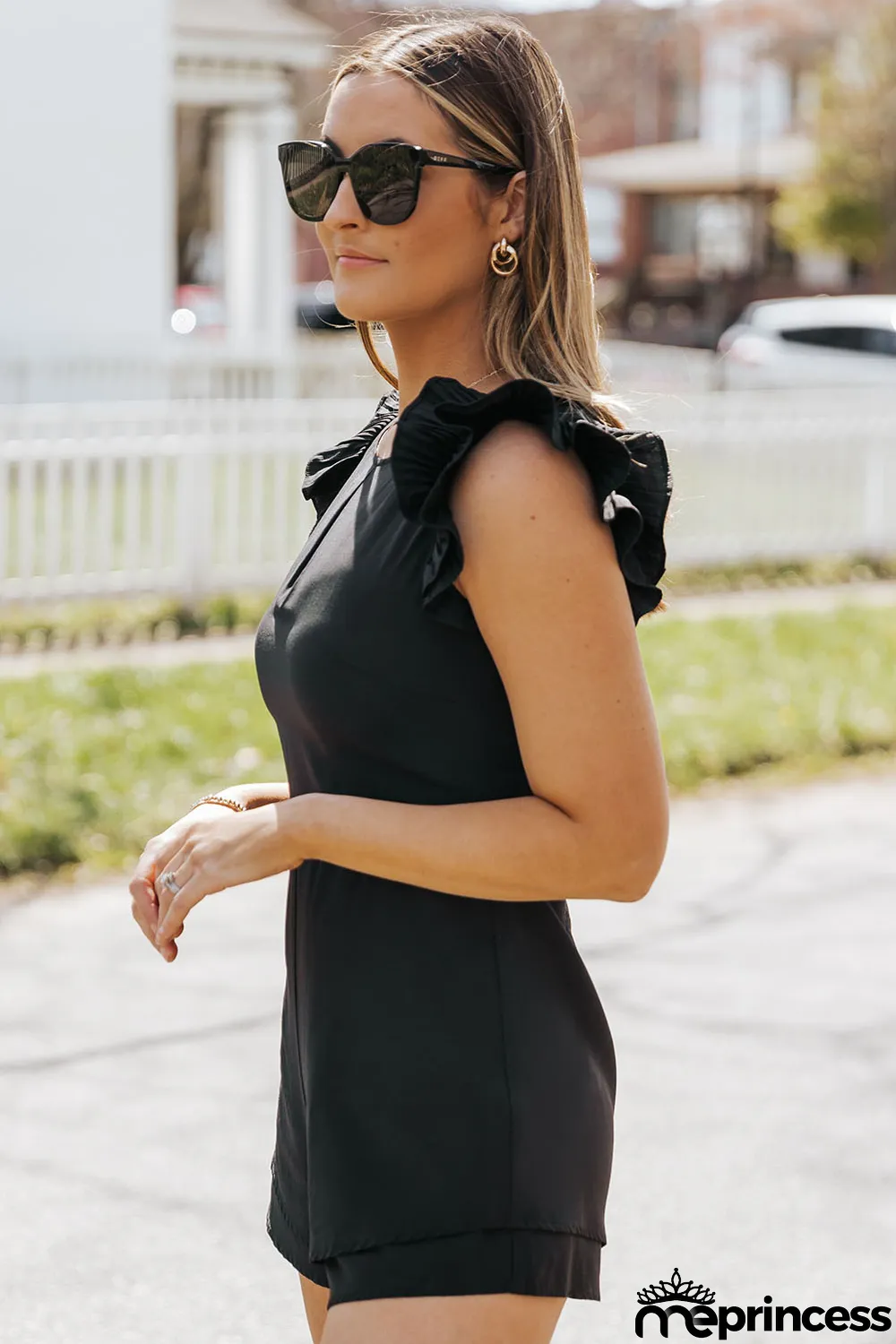 Black Ruffle Sleeves Solid Romper