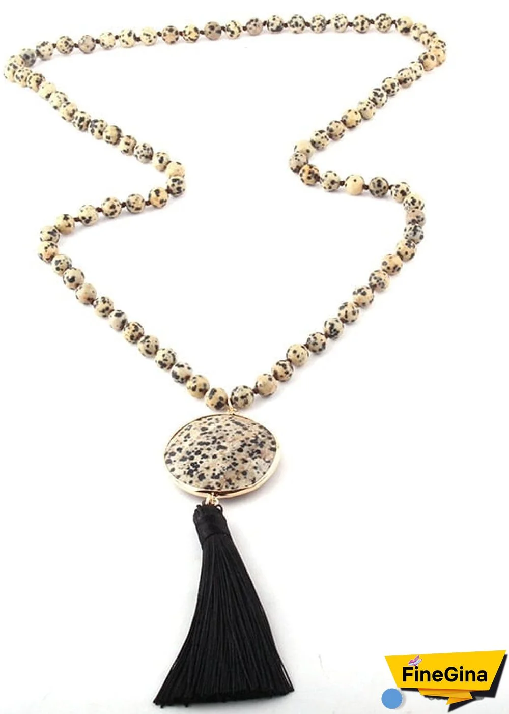 Boho Necklace, RH Amazonite Jasper, Circle Tassel Green White Natural Stone