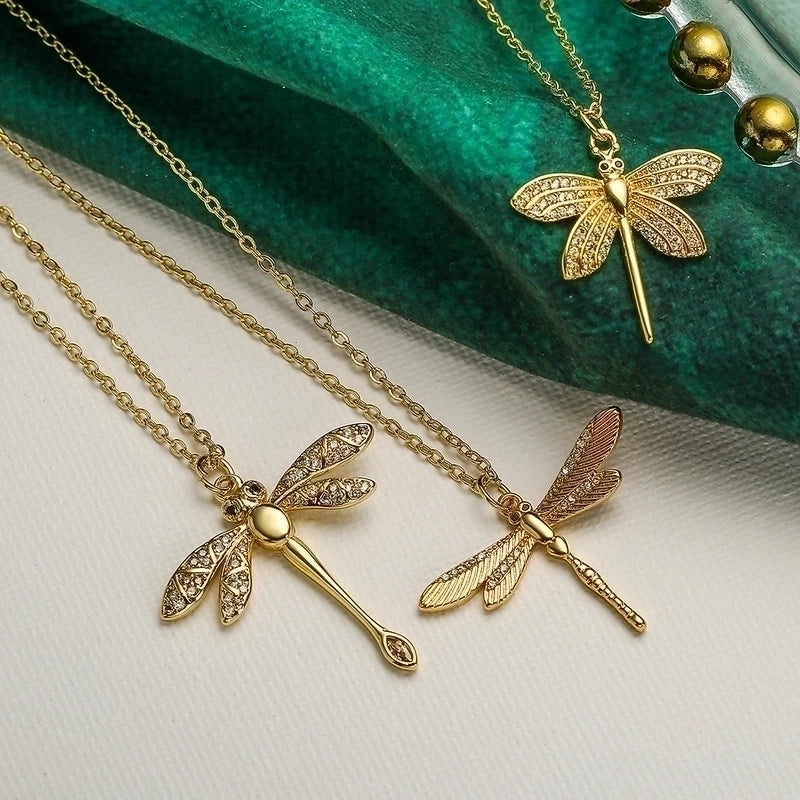 Minimalist Commute Dragonfly Copper Inlay Zircon 18k Gold Plated Pendant Necklace