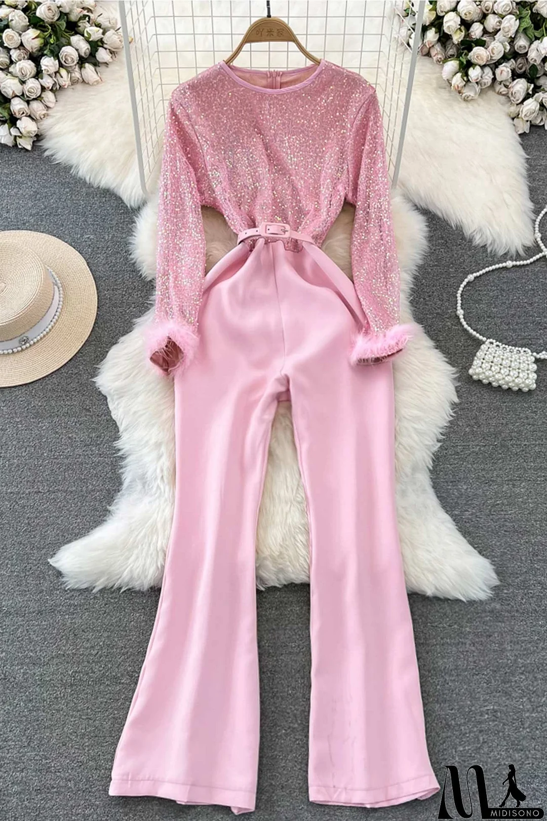 MidiSono - Fuzzy Sleeves Glitter Patchwork Jumpsuits