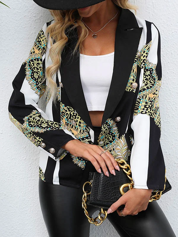 Buttoned Pockets Printed Long Sleeves Loose Notched Collar Outerwear Blazer