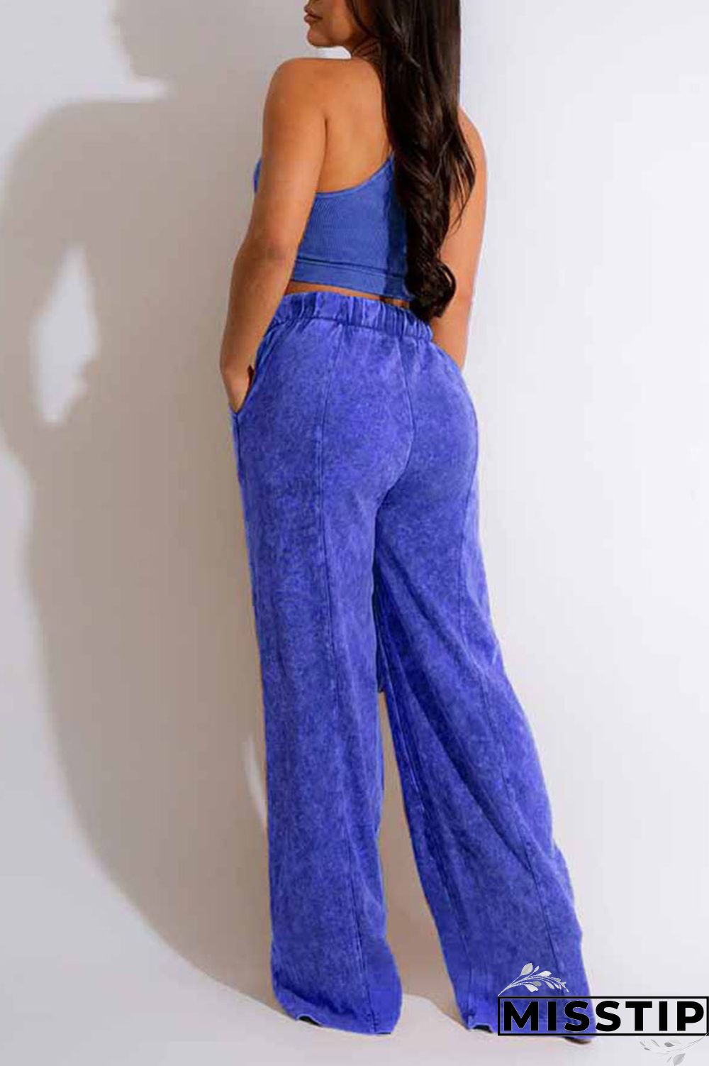 Blue Casual Solid Patchwork O Neck Sleeveless Two Pieces