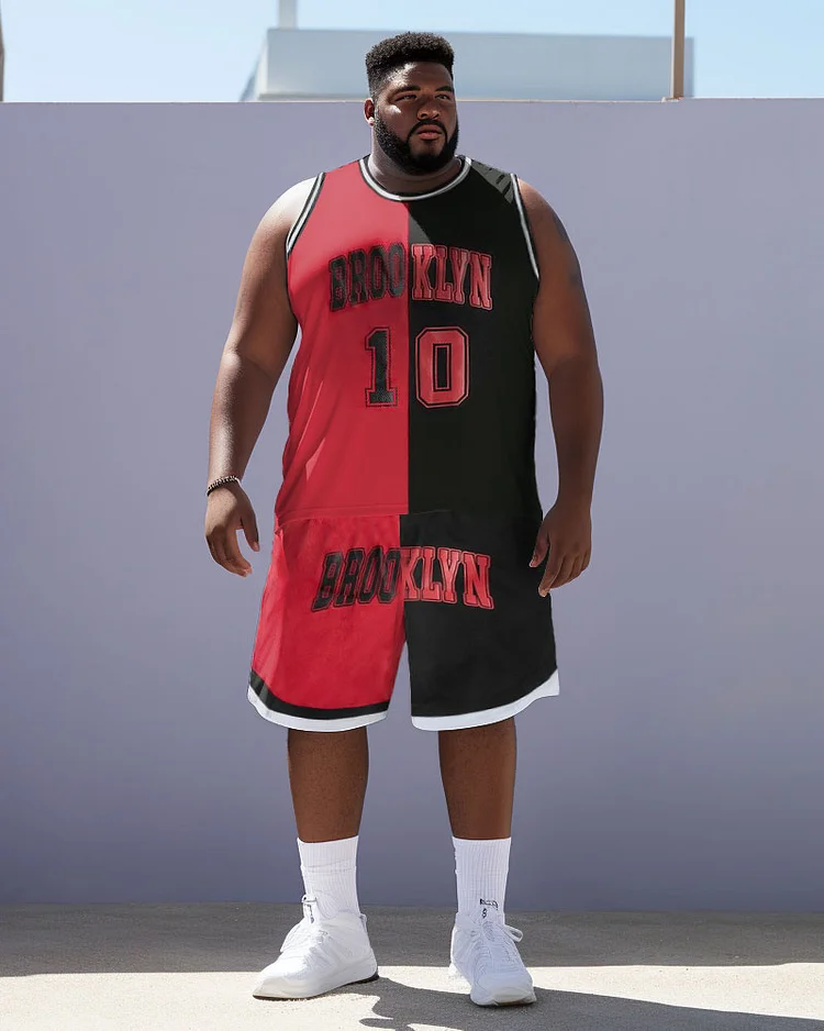Men's Large Size Brooklyn Color Block Street Basketball Vest Sports Two-Piece Set