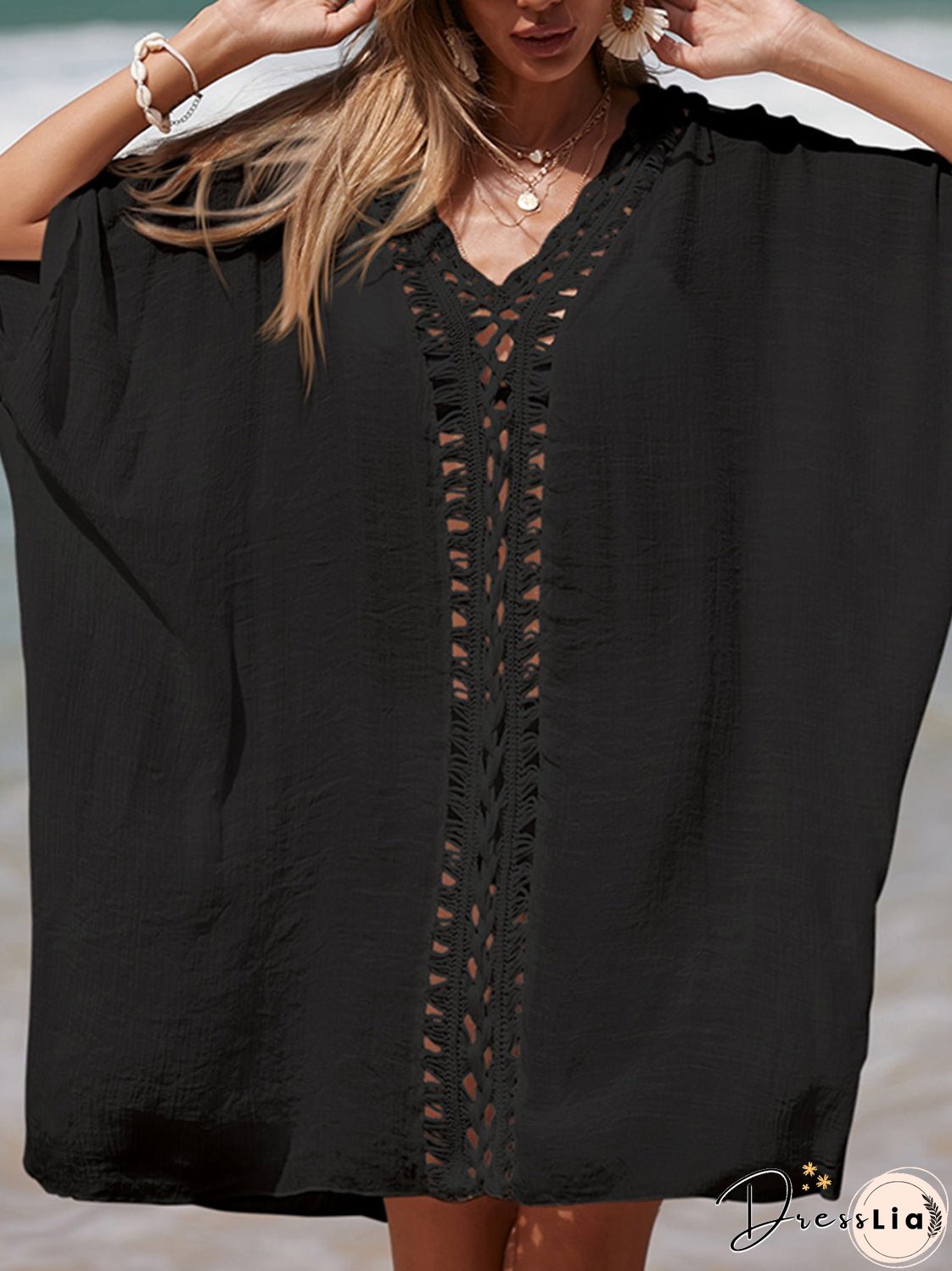 Cutout V-Neck Three-Quarter Sleeve Cover Up
