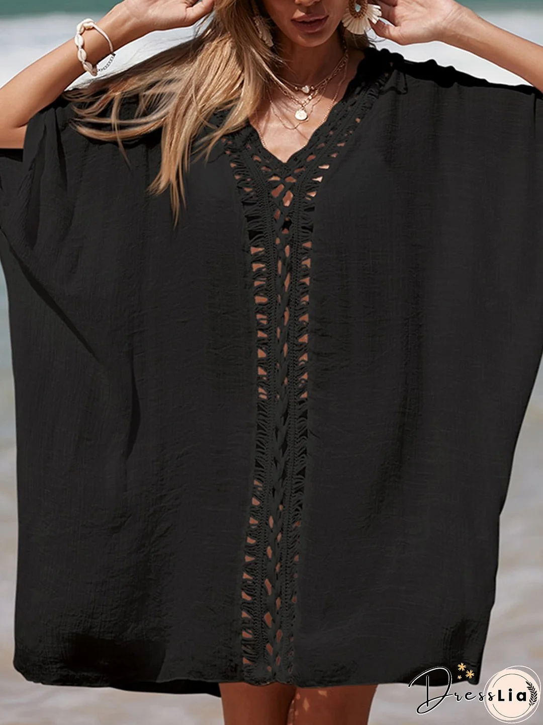 Cutout V-Neck Three-Quarter Sleeve Cover Up