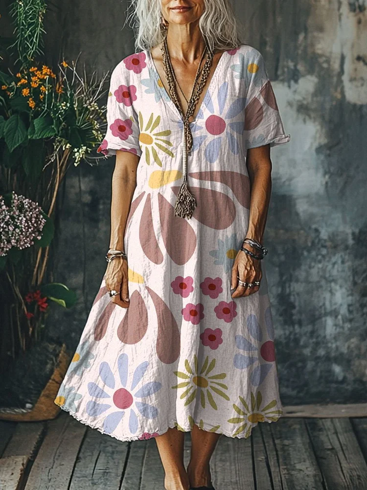 Women's Vintage  Art Print Pocket Cotton Dress