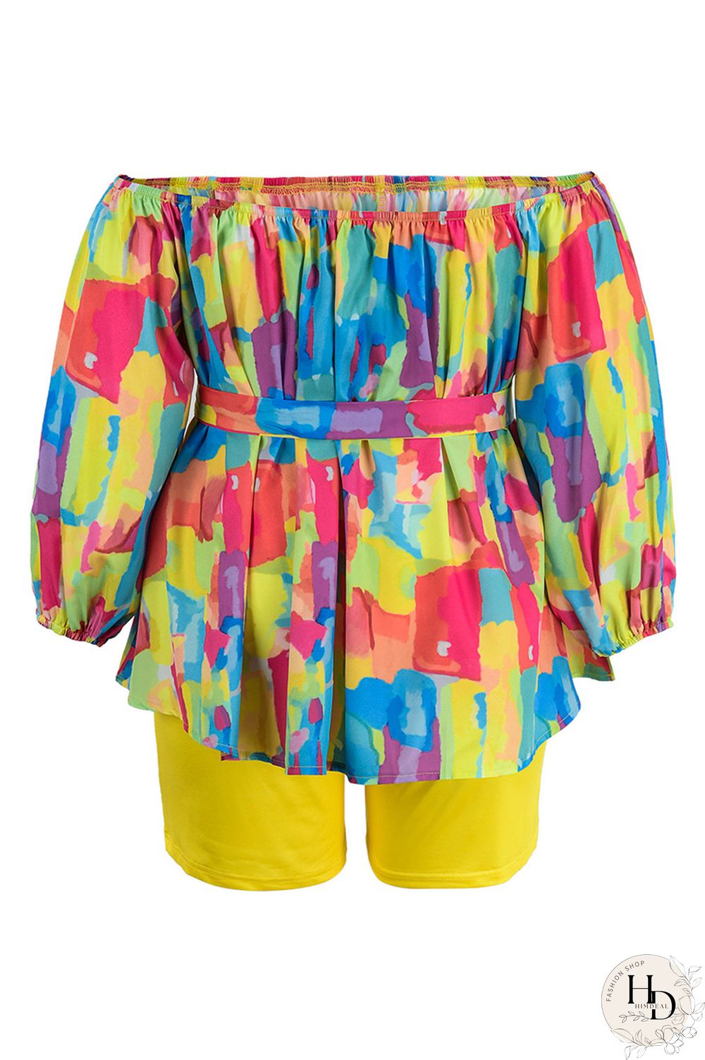 Yellow Casual Print Patchwork Off the Shoulder Long Sleeve Two Pieces