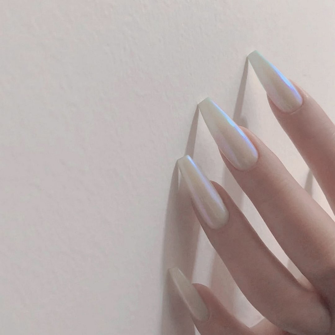 24pcs Glossy White False Nails Extra Long Ballerina Coffin Aurora Neon Purle UV Gel Glue On Fake Fingersnails Extention Tool