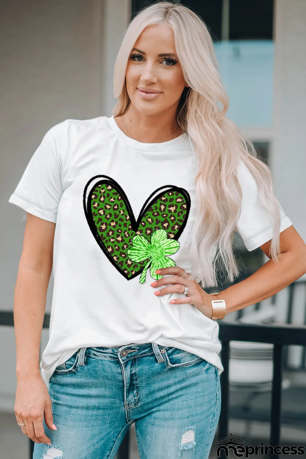 White Clover Leopard Heart Shaped Print Crewneck Graphic Tee