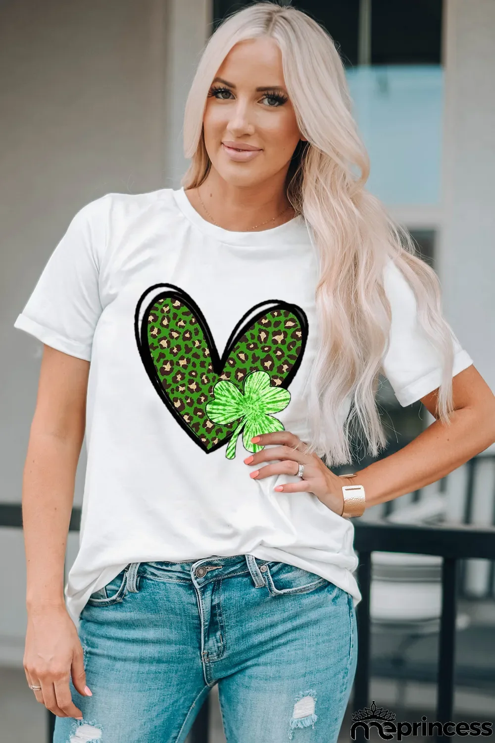 White Clover Leopard Heart Shaped Print Crewneck Graphic Tee