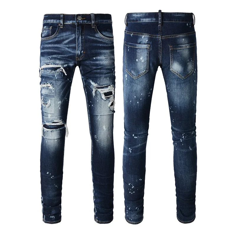 Men's Ripped Rapper Jeans High Street Retro Patch Ink Splashing Elastic Denim Jeans Biker Jeans