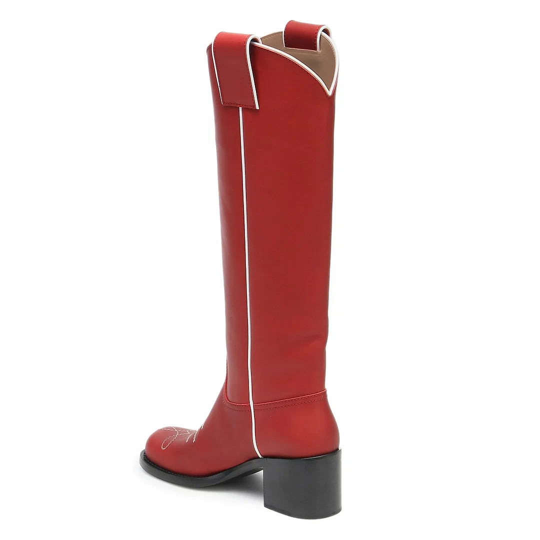 Women's Red Round Toe Block Heel Slip On Knee-High Cowgirl Boots