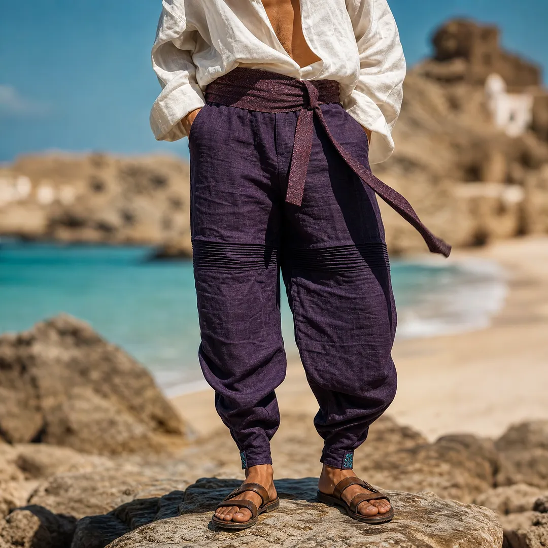 Purple Linen-Blend Harem Pants For Men &ndash; High-Waisted, Wide-Leg, Relaxed Fit With Embroidered Cuffs, Ideal For Beach & Casual Wear-INSPIREUSE