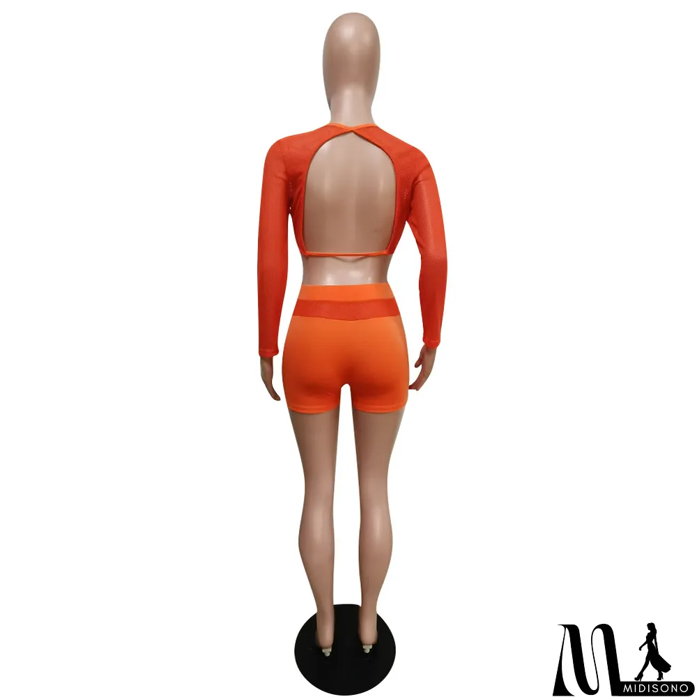 MidiSono - Solid Long Sleeve Breathable 2 Piece Shorts Set