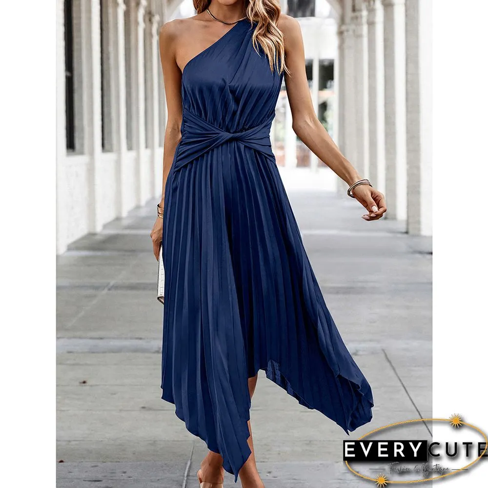 Navy Blue One Shoulder Irregular Pleat Casual Dress