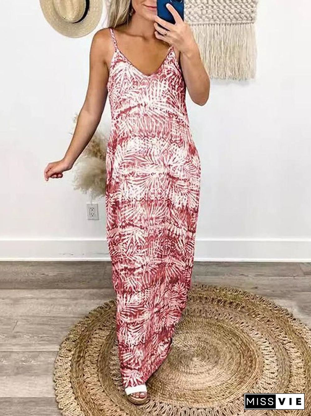 Women'S Dresses Loose Tie-Dye Print V-Neck Slip Dress