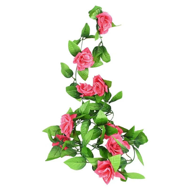2.4m Silk Artificial Roses Flowers Rattan String Vine with Green Leaves For Home Wedding Garden Decoration Hanging Garland Wall