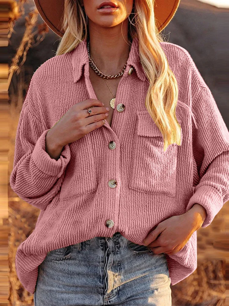 Solid color corduroy, long sleeves, pockets, blouse SKUI30708 QueenFunky
