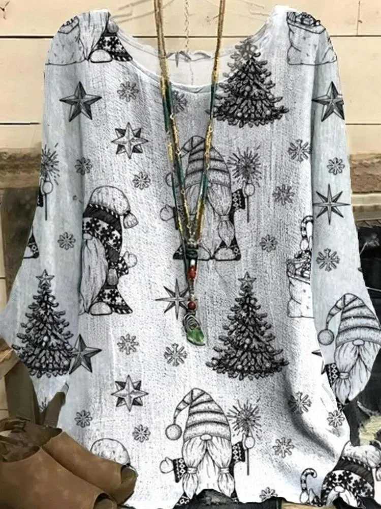 Women's White Christmas Santa Claus Tree Printed Half Sleeve Top