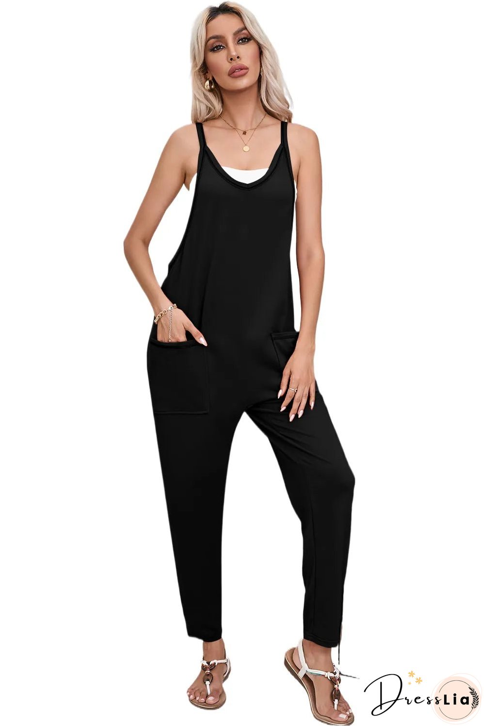 Black Side Pockets Harem Pants Sleeveless V Neck Jumpsuit