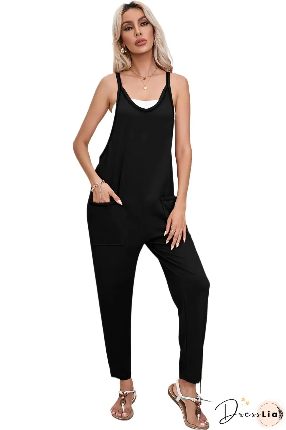 Black Side Pockets Harem Pants Sleeveless V Neck Jumpsuit