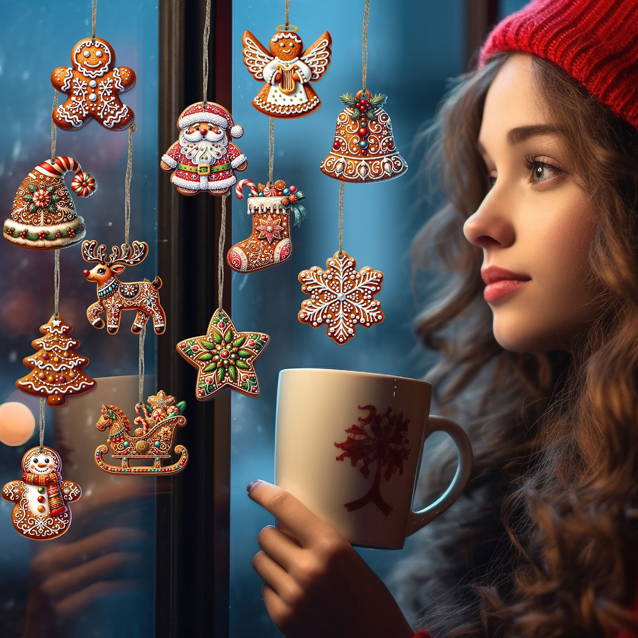Tegooe 12PCS Gingerbread Man Christmas Character Hangings - PVC Ornament Set