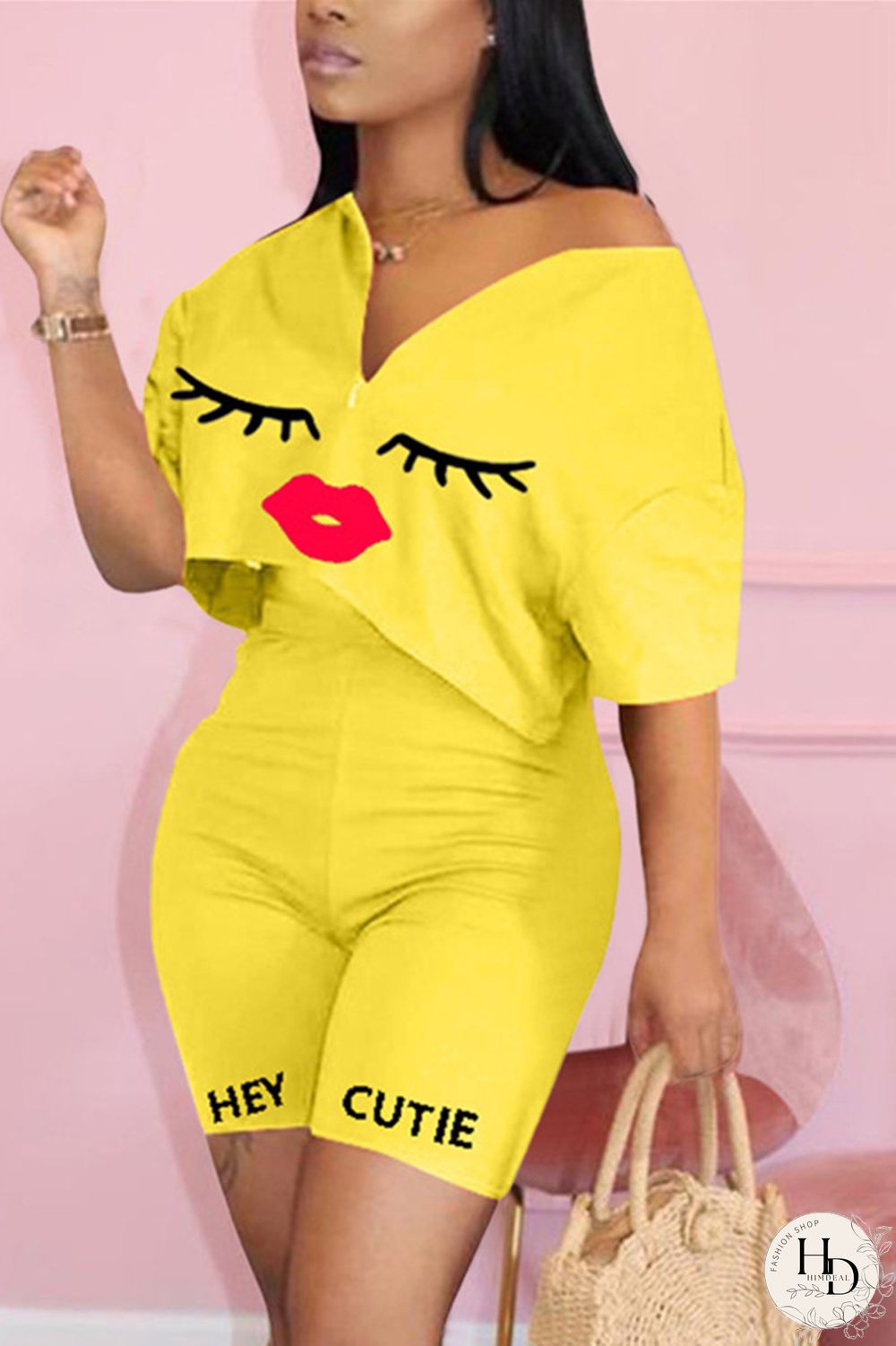 Black Fashion Casual Printed T-shirt Shorts Set