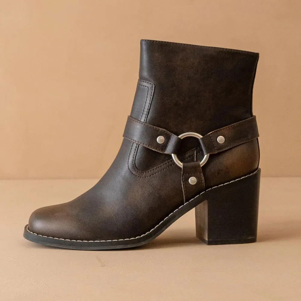 Distressed Dark Brown Square Toe Zipper High Heel Ankle Boots