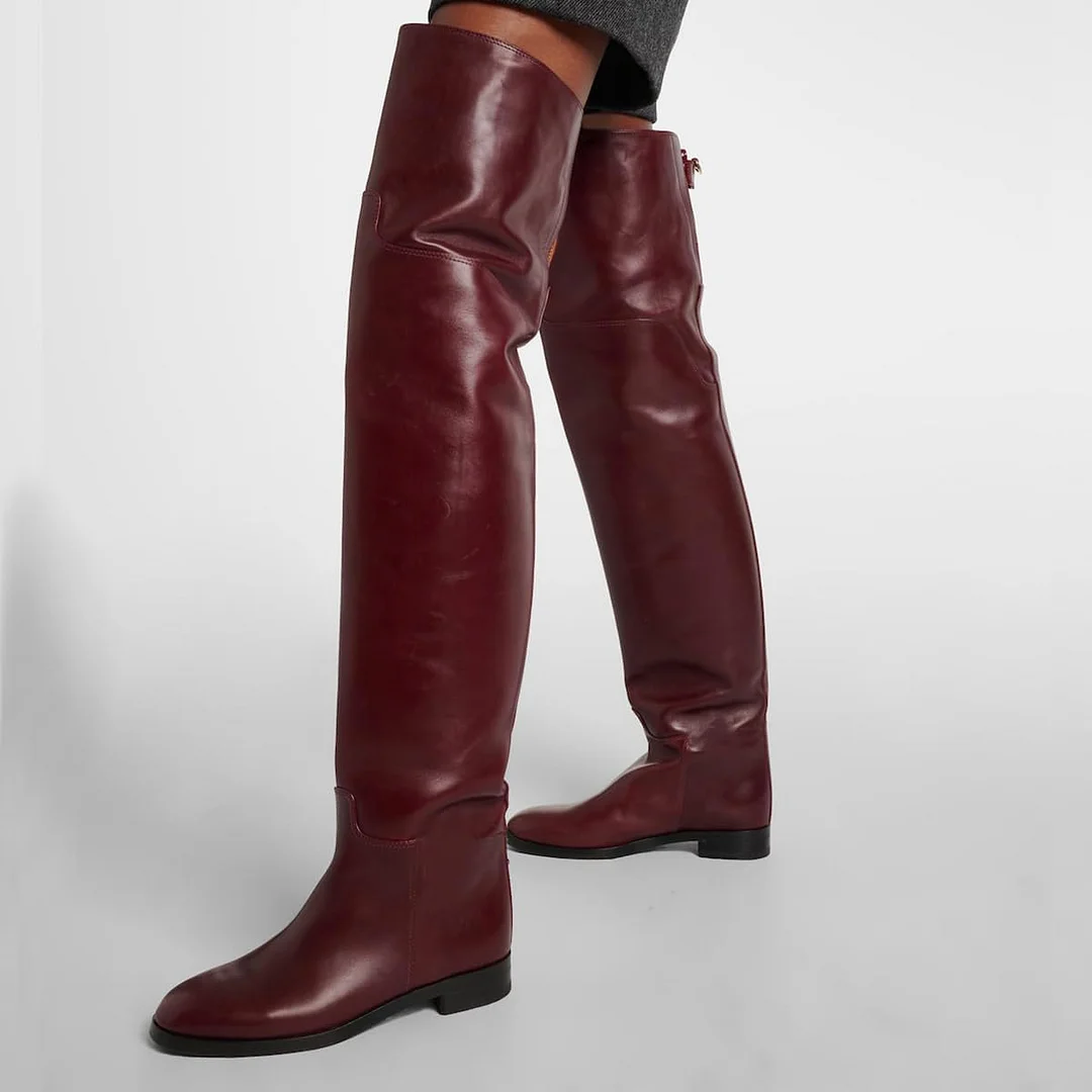 YDN Simple Maroon Round Toe Wide Calf Flat Thigh High Boots