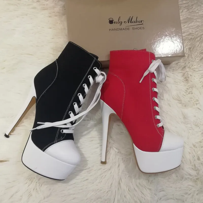 Onlymaker Women's Canvas Platform Lace Up Ankle Boots16cm High Heel Side Zipper Plus Size Fashion Sexy Stiletto Booties