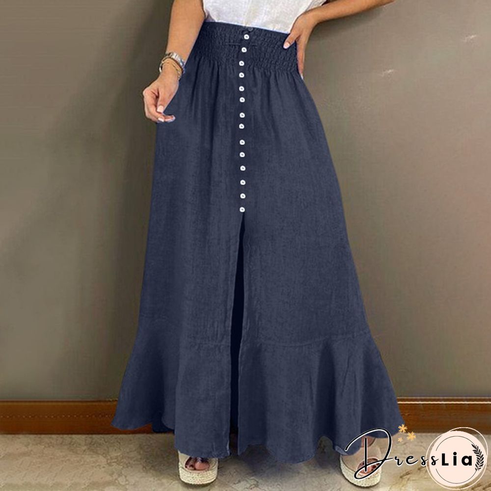 Women Elastic Waist Button Front Denim Skirt Flared Hem Casual Long Skirts