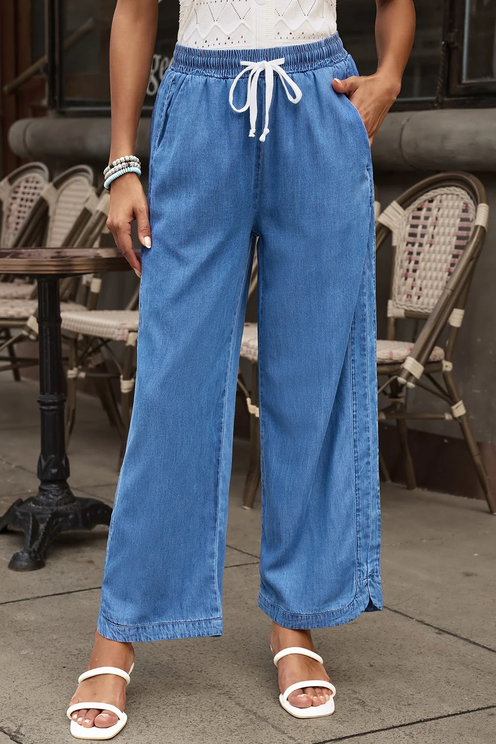 Sky Blue Wide Leg Drawstring Waist Loose Pants | IFYHOME