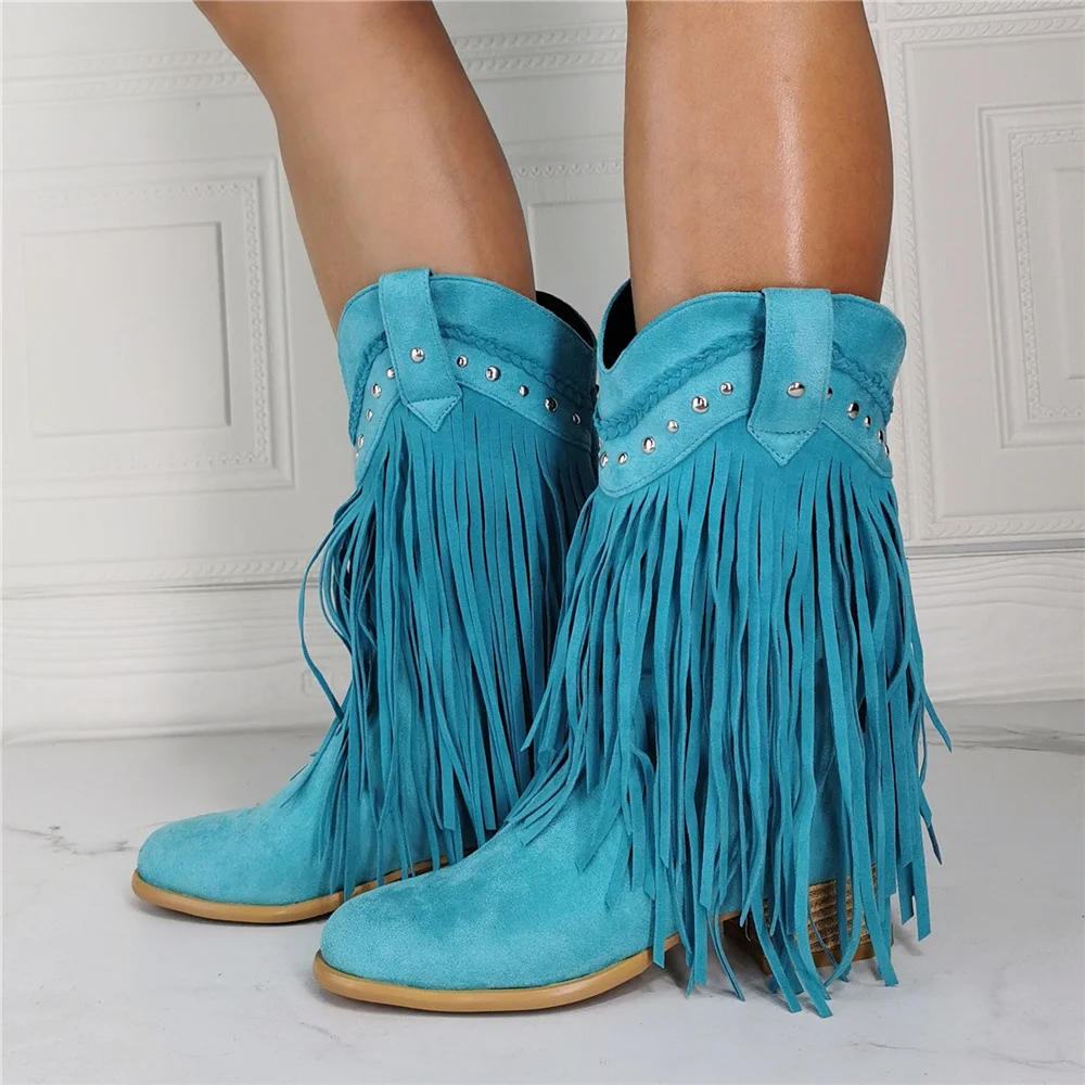 Women's Sexy Tassel Rivet Fashion Low Heel Booties Western Blue Cowboy Boots Novameme