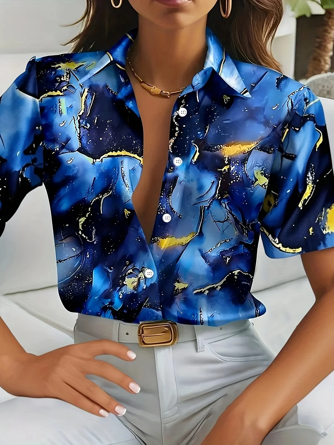 Women's Casual Abstract Art Print Short Sleeve Hawaiian Shirt - Blue & Yellow Gradient, Button-Up With Single Breasted Placket, Perfect For Summer Weekend Attire, Casual Attire | Artistic Print Shirt | Short Sleeve Shirt | IFYHOME