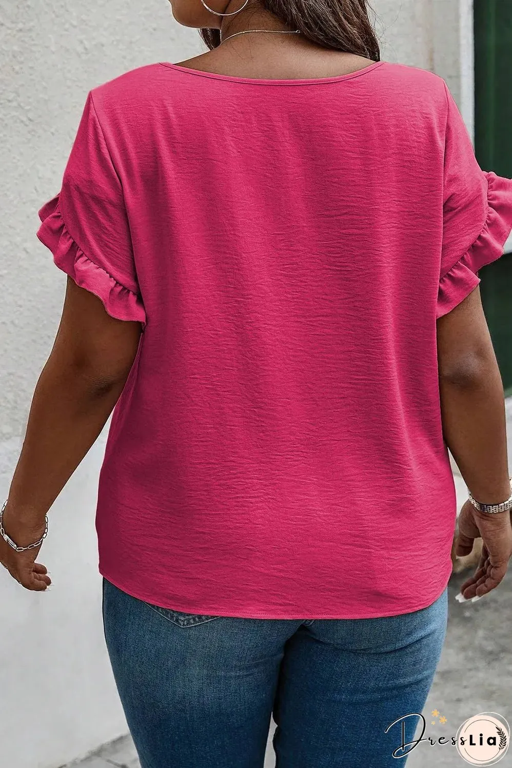 Bright Pink Ruffled Short Sleeve Plus Size Top